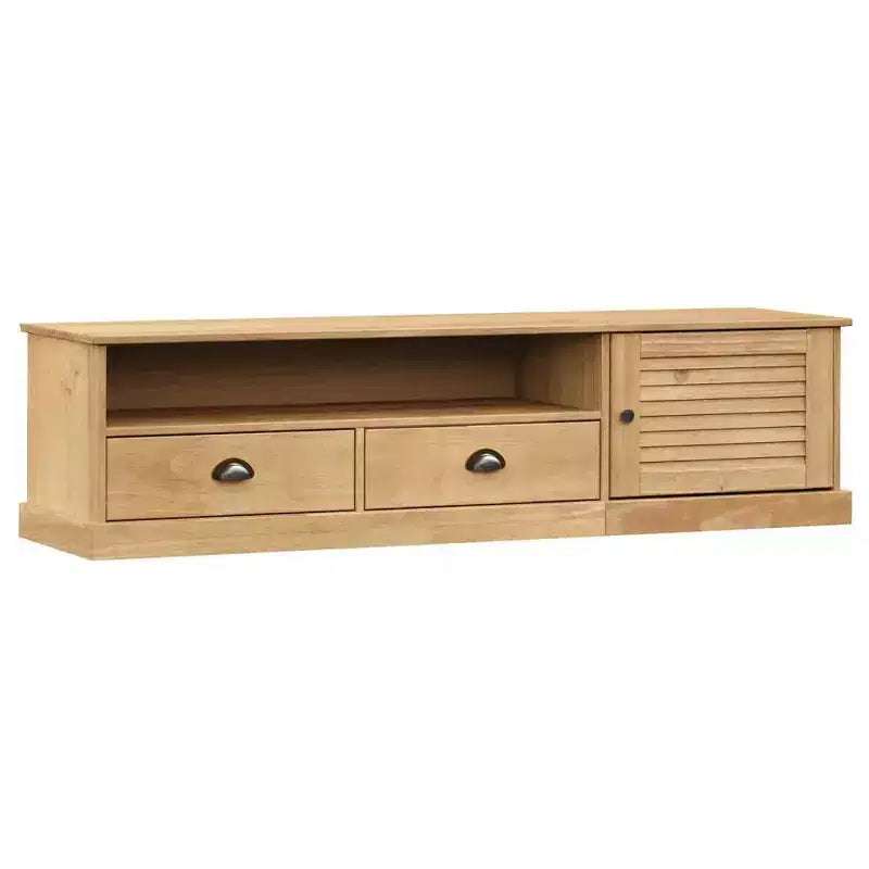 vidaXL VIGO Meuble TV en pin massif avec rangement - Finition miel ciré, poignées en métal, 156 cm (L) x 40 cm (H)