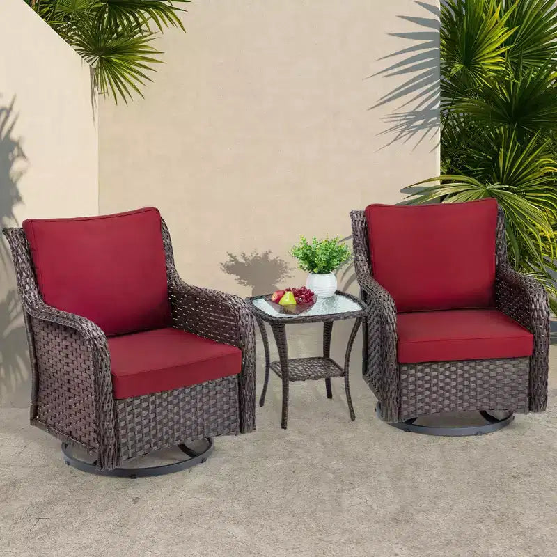 Ensemble de patio 3 pièces en osier pivotant pour l'extérieur, ensemble de bistrot élégant en osier avec chaises pivotantes à 360 degrés et table d'appoint avec plateau en verre trempé