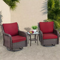 Ensemble de patio 3 pièces en osier pivotant pour l'extérieur, ensemble de bistrot élégant en osier avec chaises pivotantes à 360 degrés et table d'appoint avec plateau en verre trempé