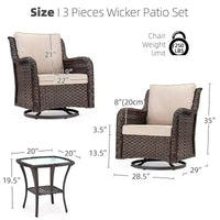 Ensemble de patio 3 pièces en osier pivotant pour l'extérieur, ensemble de bistrot élégant en osier avec chaises pivotantes à 360 degrés et table d'appoint avec plateau en verre trempé