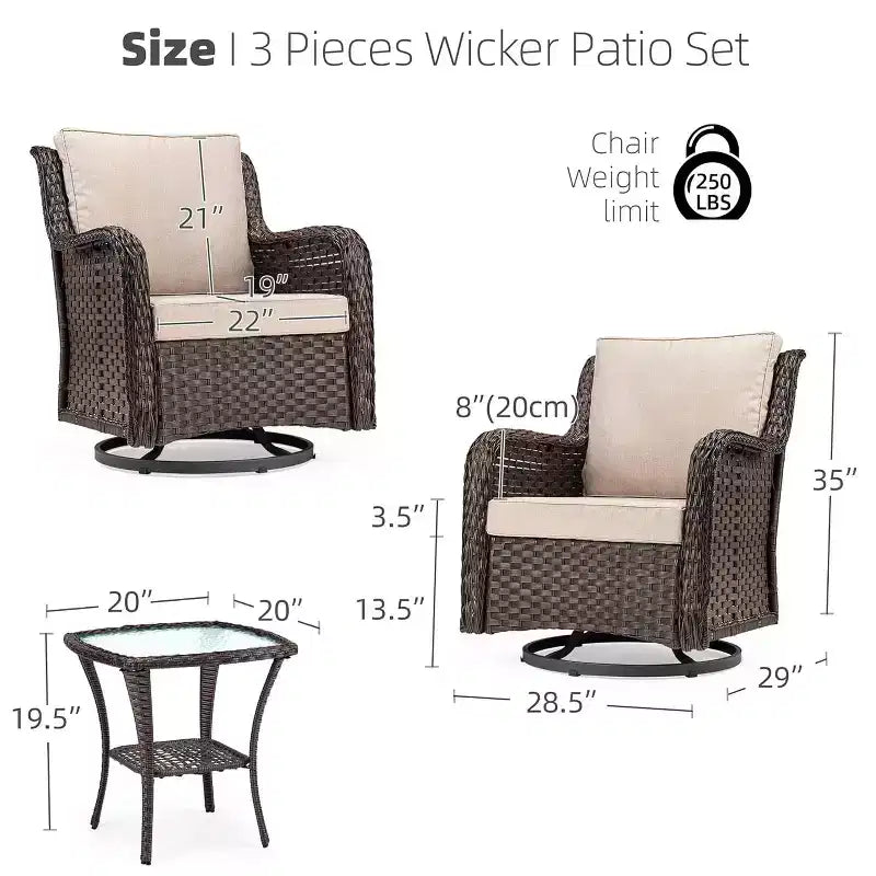 Ensemble de patio 3 pièces en osier pivotant pour l'extérieur, ensemble de bistrot élégant en osier avec chaises pivotantes à 360 degrés et table d'appoint avec plateau en verre trempé