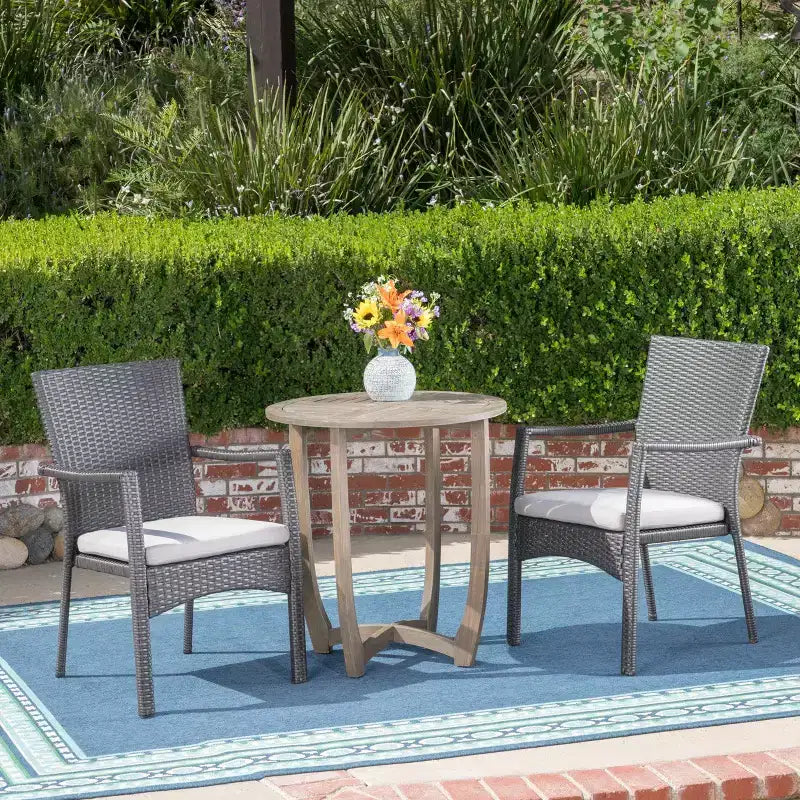 Christopher Knight Home Sloane Ensemble bistro d'extérieur 3 pièces en bois d'acacia et résine tressée avec coussins