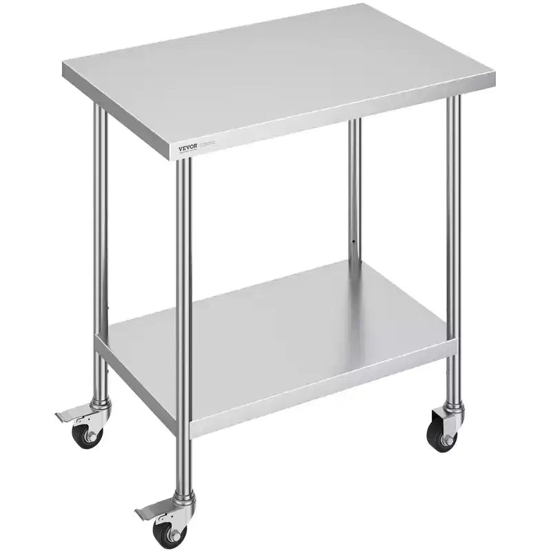 VEVOR Table de Travail en Acier Inoxydable 24 x 36 x 38 Pouces, avec 4 Roues, 3 Niveaux de Hauteur Réglables, Table de Préparation Alimentaire Robuste, Argent