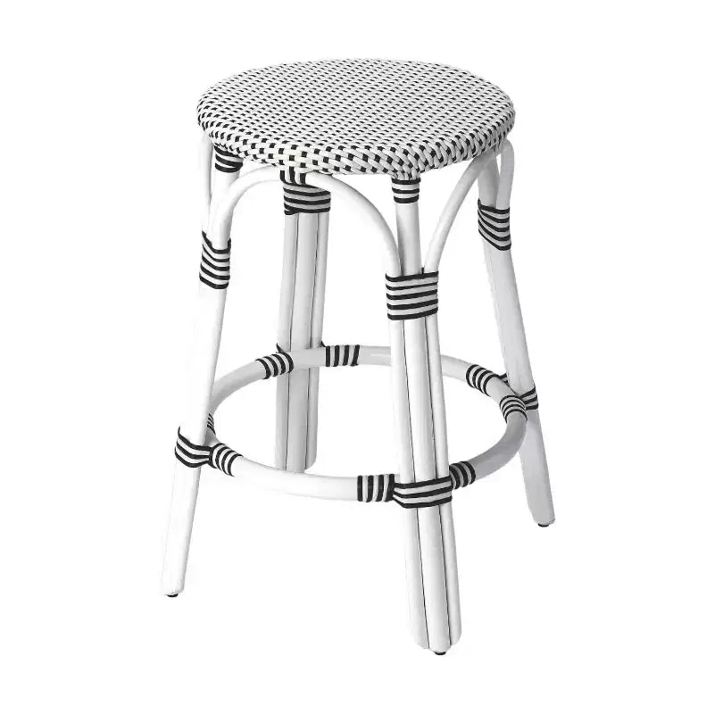 Chaise de bar hauteur comptoir HomeRoots 24 po en rotin sans dossier, noir et blanc