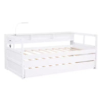 Lit de repos double XL Whisen en bois avec 2 lits gigognes, 3 compartiments de rangement, 1 lampe gratuite et port de chargement USB