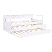 Lit de repos double XL Whisen en bois avec 2 lits gigognes, 3 compartiments de rangement, 1 lampe gratuite et port de chargement USB