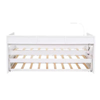 Lit de repos double XL Whisen en bois avec 2 lits gigognes, 3 compartiments de rangement, 1 lampe gratuite et port de chargement USB