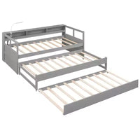 Lit de repos double XL Whisen en bois avec 2 lits gigognes, 3 compartiments de rangement, 1 lampe gratuite et port de chargement USB