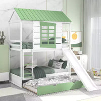 Lit superposé cabane Whisen double sur double avec toboggan convertible et lit gigogne - Blanc et vert