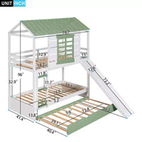 Lit superposé cabane Whisen double sur double avec toboggan convertible et lit gigogne - Blanc et vert
