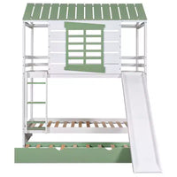 Lit superposé cabane Whisen double sur double avec toboggan convertible et lit gigogne - Blanc et vert