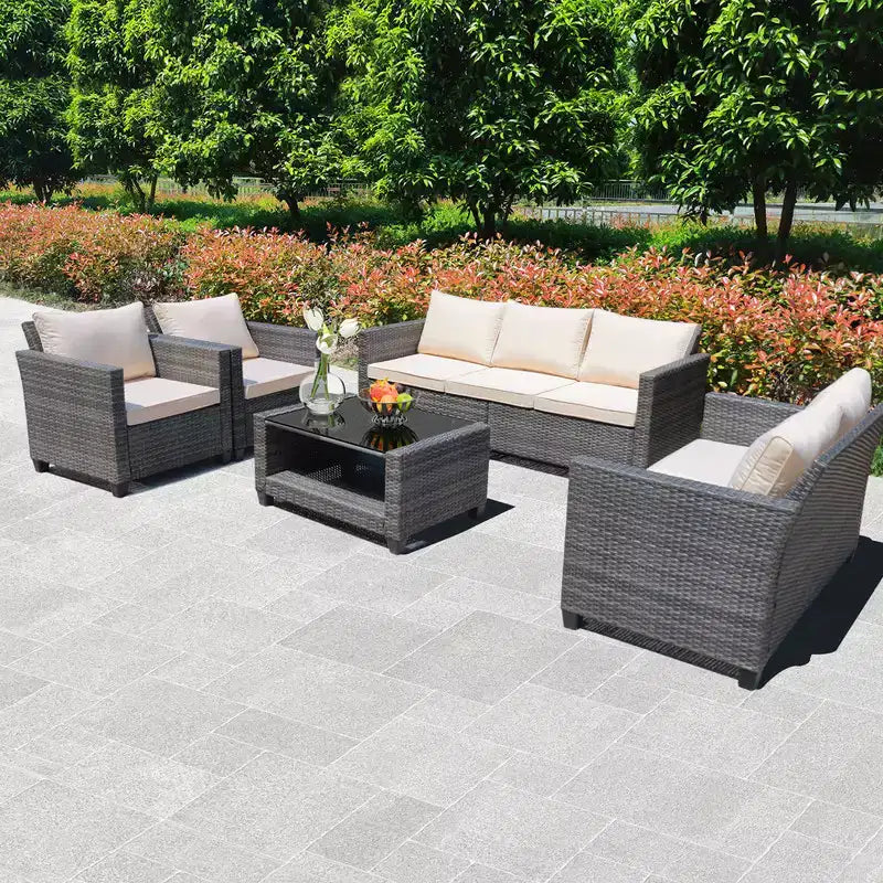 Ensemble de conversation de 5 pièces pour patio en osier avec table basse, canapé et fauteuils en rotin avec coussin