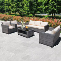 Ensemble de conversation de 5 pièces pour patio en osier avec table basse, canapé et fauteuils en rotin avec coussin