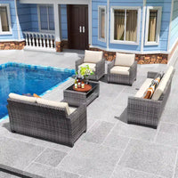 Ensemble de conversation de 5 pièces pour patio en osier avec table basse, canapé et fauteuils en rotin avec coussin