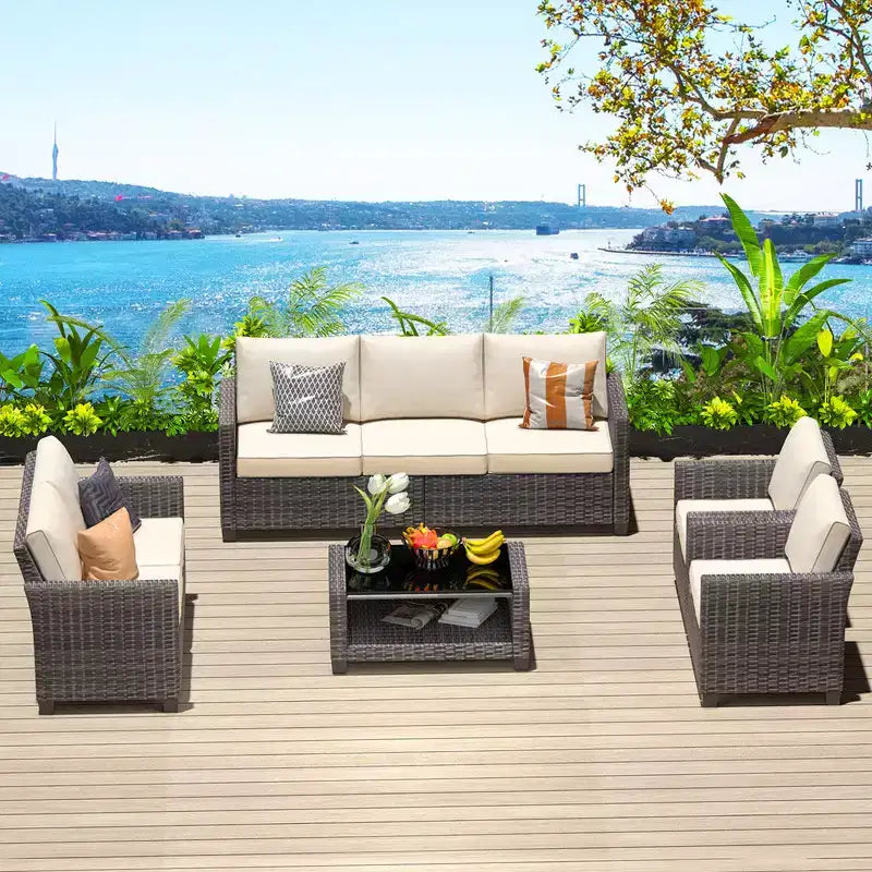Ensemble de conversation de 5 pièces pour patio en osier avec table basse, canapé et fauteuils en rotin avec coussin