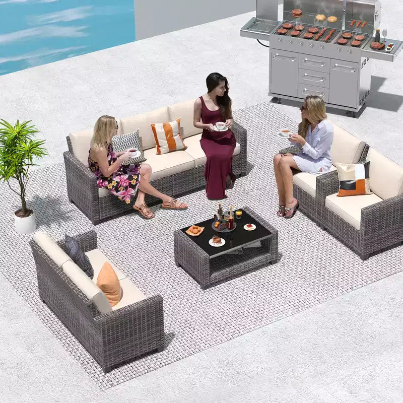 Ensemble de conversation de 5 pièces pour patio en osier avec table basse, canapé et fauteuils en rotin avec coussin