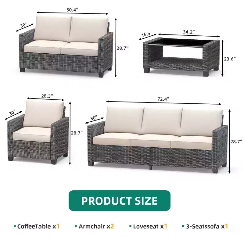 Ensemble de conversation de 5 pièces pour patio en osier avec table basse, canapé et fauteuils en rotin avec coussin