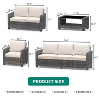 Ensemble de conversation de 5 pièces pour patio en osier avec table basse, canapé et fauteuils en rotin avec coussin