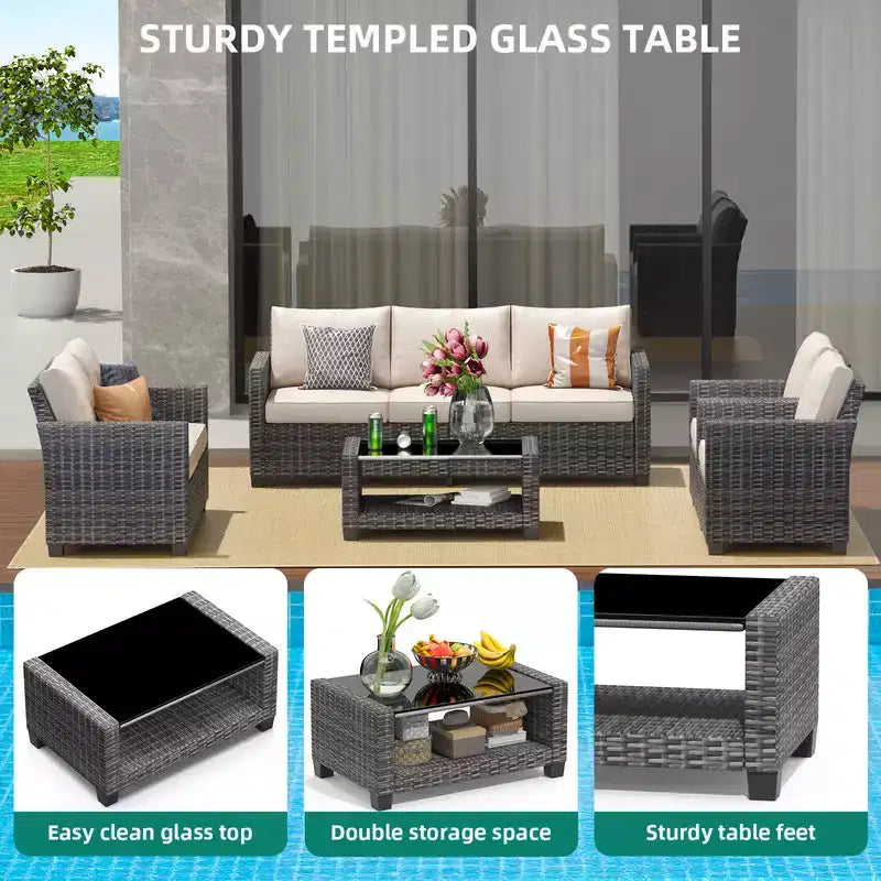 Ensemble de conversation de 5 pièces pour patio en osier avec table basse, canapé et fauteuils en rotin avec coussin