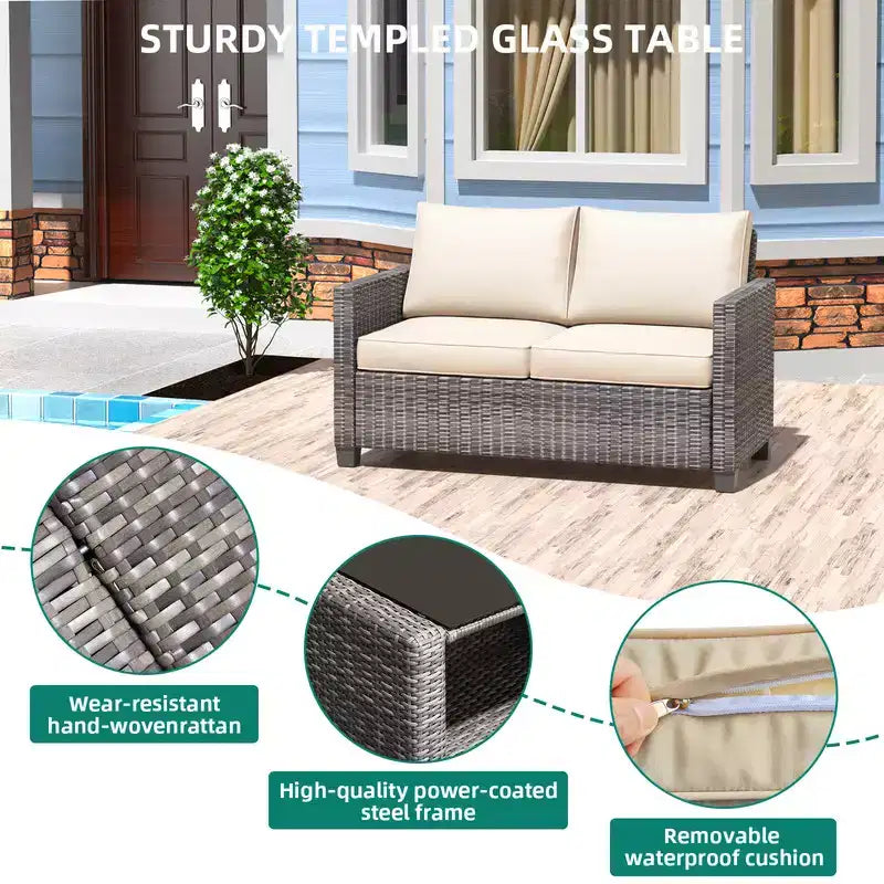 Ensemble de conversation de 5 pièces pour patio en osier avec table basse, canapé et fauteuils en rotin avec coussin