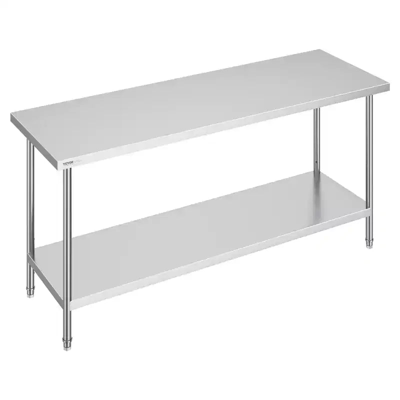 Table de préparation VEVOR en acier inoxydable, 24 x 72 x 34 pouces, capacité de charge de 400 kg, plan de travail métallique robuste avec 3 niveaux de hauteur réglables