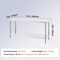 Table de préparation VEVOR en acier inoxydable, 24 x 72 x 34 pouces, capacité de charge de 400 kg, plan de travail métallique robuste avec 3 niveaux de hauteur réglables