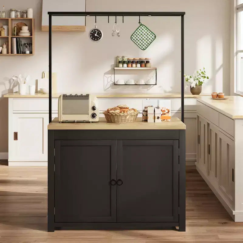 Îlot de cuisine 42 po avec rangement, chariot de cuisine multifonctionnel robuste avec plan de travail épais de 30 mm, étagères 2 niveaux, 5 crochets