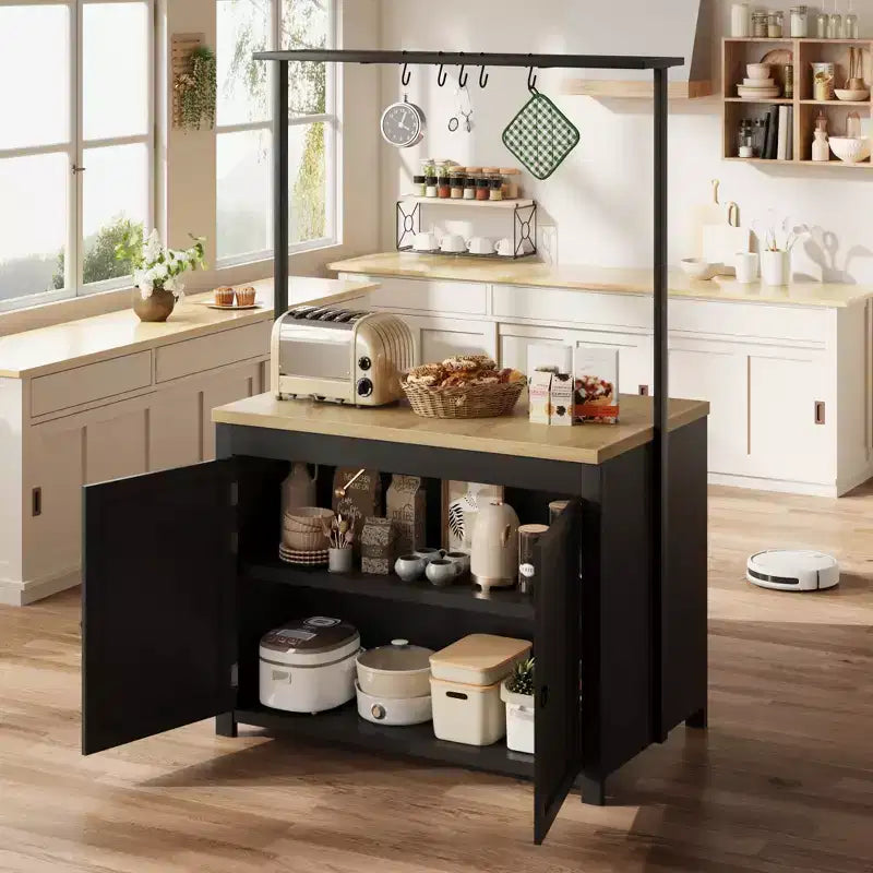 Îlot de cuisine 42 po avec rangement, chariot de cuisine multifonctionnel robuste avec plan de travail épais de 30 mm, étagères 2 niveaux, 5 crochets