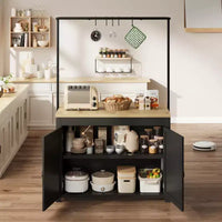 Îlot de cuisine 42 po avec rangement, chariot de cuisine multifonctionnel robuste avec plan de travail épais de 30 mm, étagères 2 niveaux, 5 crochets