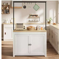 Îlot de cuisine 42 po avec rangement, chariot de cuisine multifonctionnel robuste avec plan de travail épais de 30 mm, étagères 2 niveaux, 5 crochets