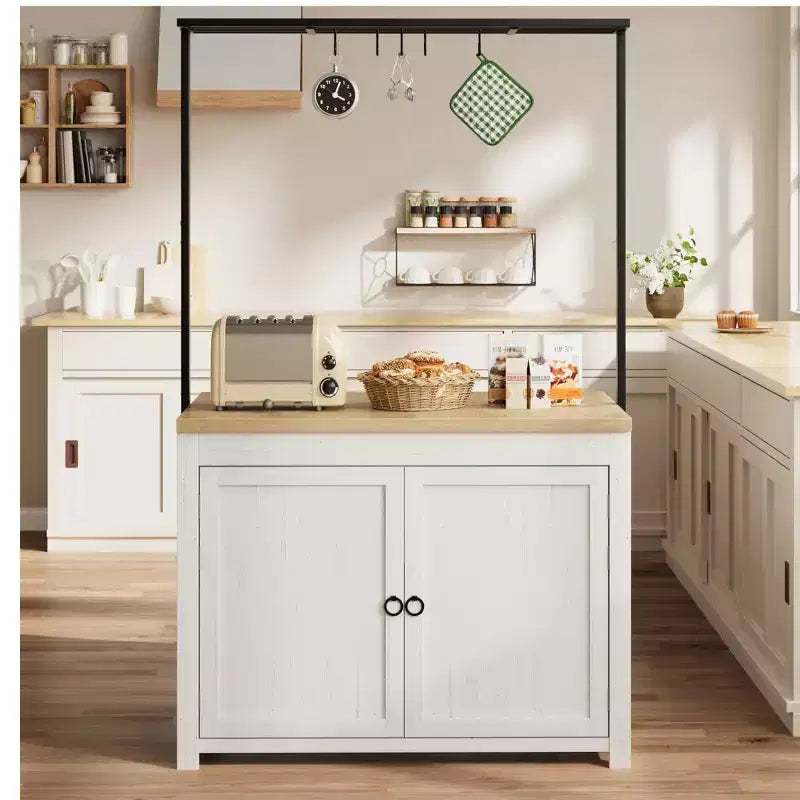 Îlot de cuisine 42 po avec rangement, chariot de cuisine multifonctionnel robuste avec plan de travail épais de 30 mm, étagères 2 niveaux, 5 crochets