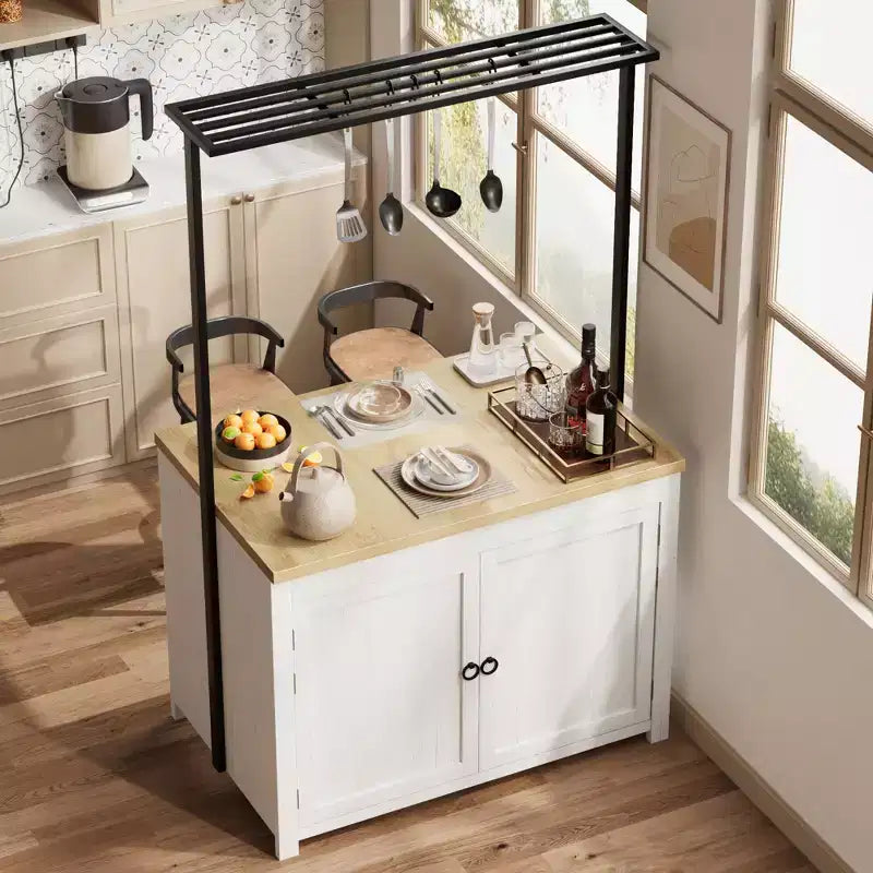 Îlot de cuisine 42 po avec rangement, chariot de cuisine multifonctionnel robuste avec plan de travail épais de 30 mm, étagères 2 niveaux, 5 crochets