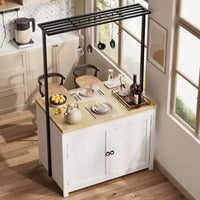 Îlot de cuisine 42 po avec rangement, chariot de cuisine multifonctionnel robuste avec plan de travail épais de 30 mm, étagères 2 niveaux, 5 crochets