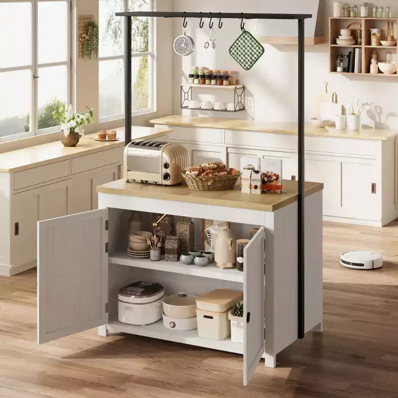 Îlot de cuisine 42 po avec rangement, chariot de cuisine multifonctionnel robuste avec plan de travail épais de 30 mm, étagères 2 niveaux, 5 crochets