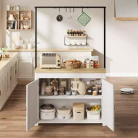 Îlot de cuisine 42 po avec rangement, chariot de cuisine multifonctionnel robuste avec plan de travail épais de 30 mm, étagères 2 niveaux, 5 crochets