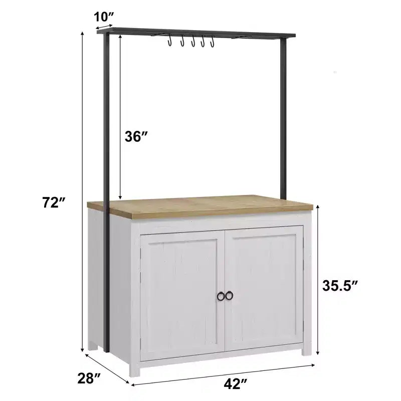 Îlot de cuisine 42 po avec rangement, chariot de cuisine multifonctionnel robuste avec plan de travail épais de 30 mm, étagères 2 niveaux, 5 crochets