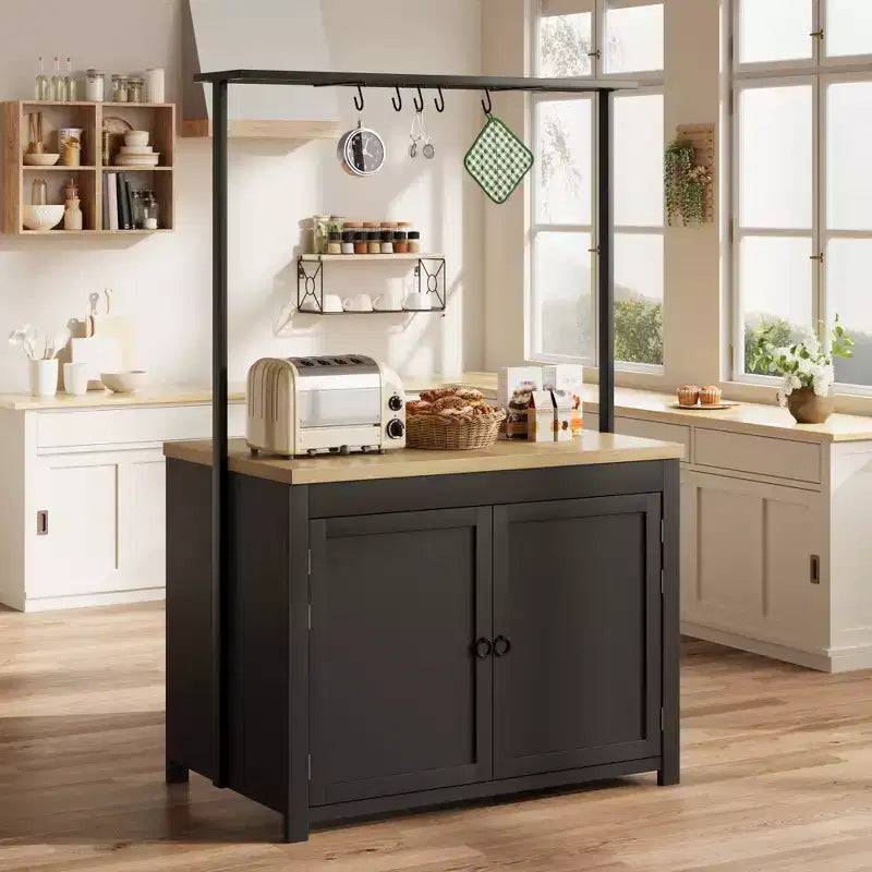 Îlot de cuisine 42 po avec rangement, chariot de cuisine multifonctionnel robuste avec plan de travail épais de 30 mm, étagères 2 niveaux, 5 crochets