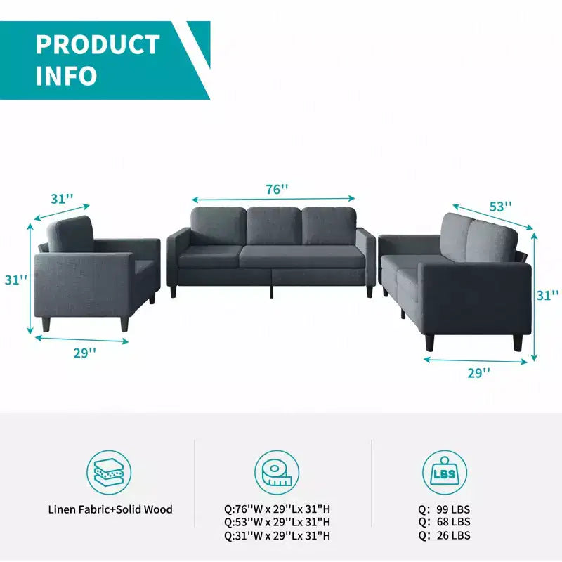 Ensemble canapé d'angle Mjkone pour salon, canapé 3 places et causeuse et fauteuil une place