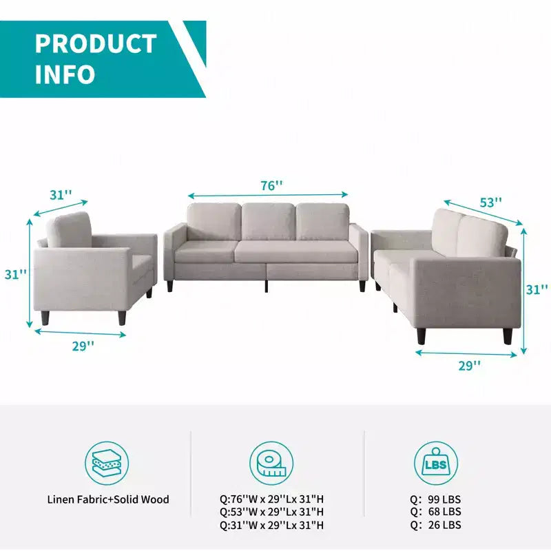 Ensemble canapé d'angle Mjkone pour salon, canapé 3 places et causeuse et fauteuil une place