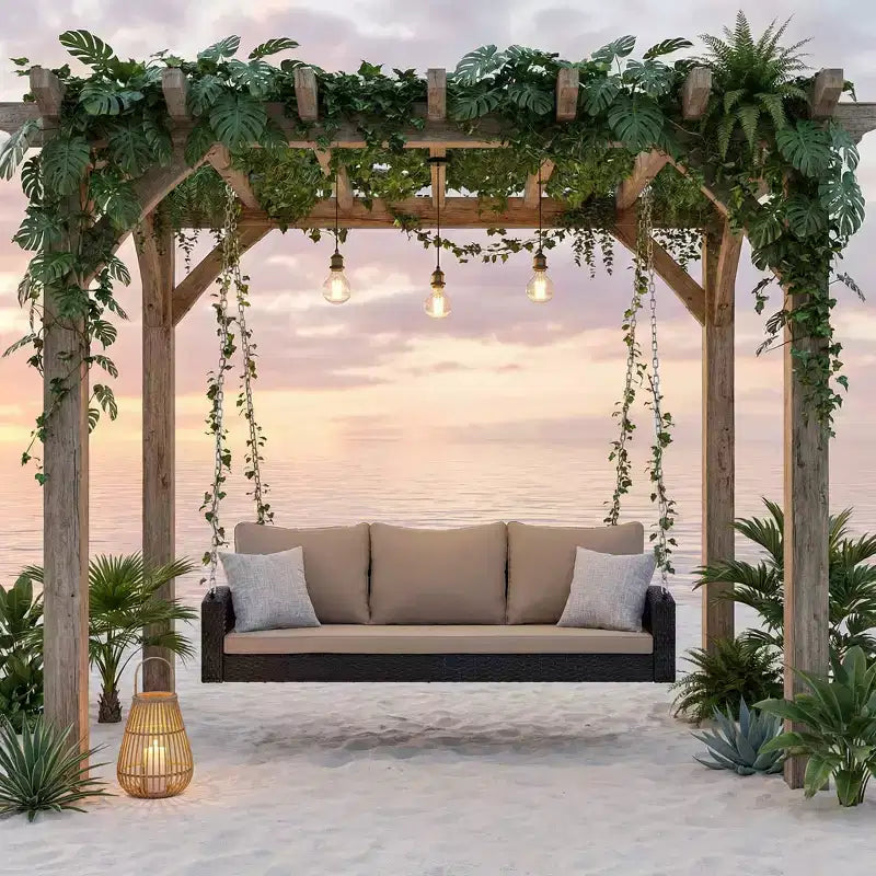 Whisen Weather Resistant 69 PE Wicker 3-Person Outdoor Swing Chair Patio Hanging Porch Swing Bench with Chains and Cushions