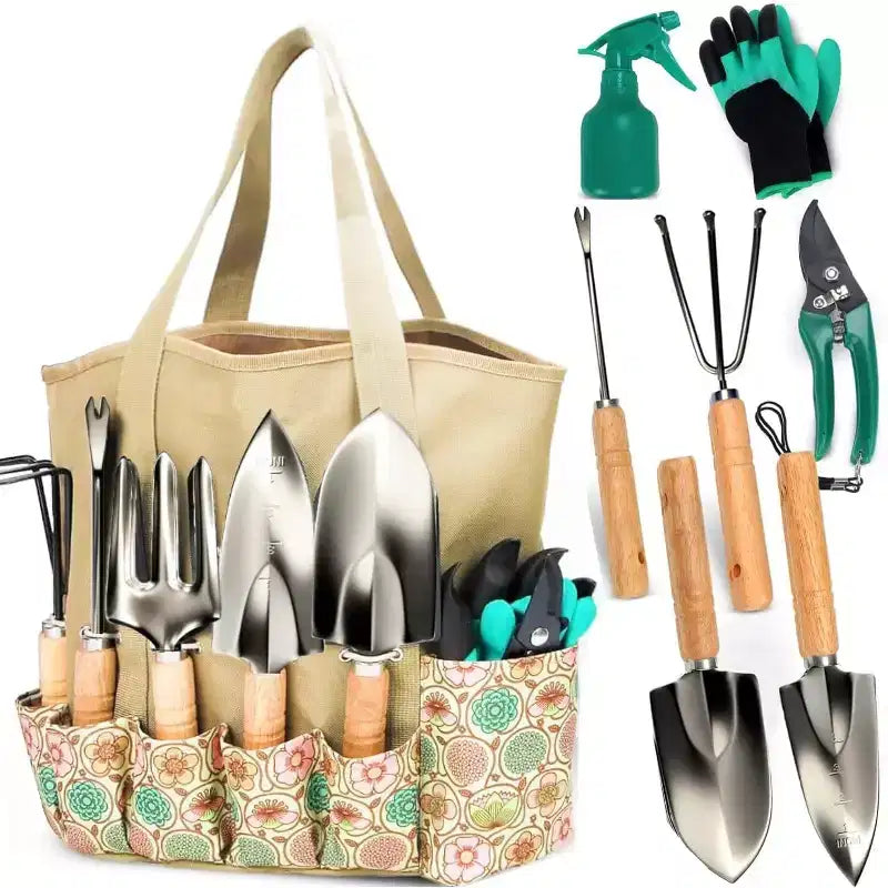 SCUDDLES Sac à outils de jardin robuste avec outils à main d'extérieur - Kit d'outils de jardin en acier inoxydable, gants et sac de rangement (ensemble de 8 pièces)
