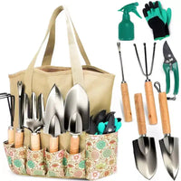 SCUDDLES Sac à outils de jardin robuste avec outils à main d'extérieur - Kit d'outils de jardin en acier inoxydable, gants et sac de rangement (ensemble de 8 pièces)