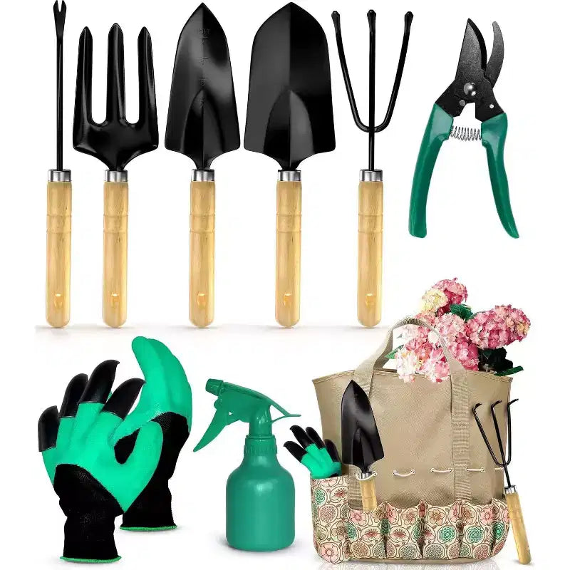 SCUDDLES Sac à outils de jardin robuste avec outils à main d'extérieur - Kit d'outils de jardin en acier inoxydable, gants et sac de rangement (ensemble de 8 pièces)