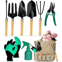 SCUDDLES Sac à outils de jardin robuste avec outils à main d'extérieur - Kit d'outils de jardin en acier inoxydable, gants et sac de rangement (ensemble de 8 pièces)