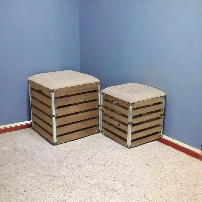 HomeRoots lot de 2 bancs de rangement carrés en tissu de lin marron et lattes de bois