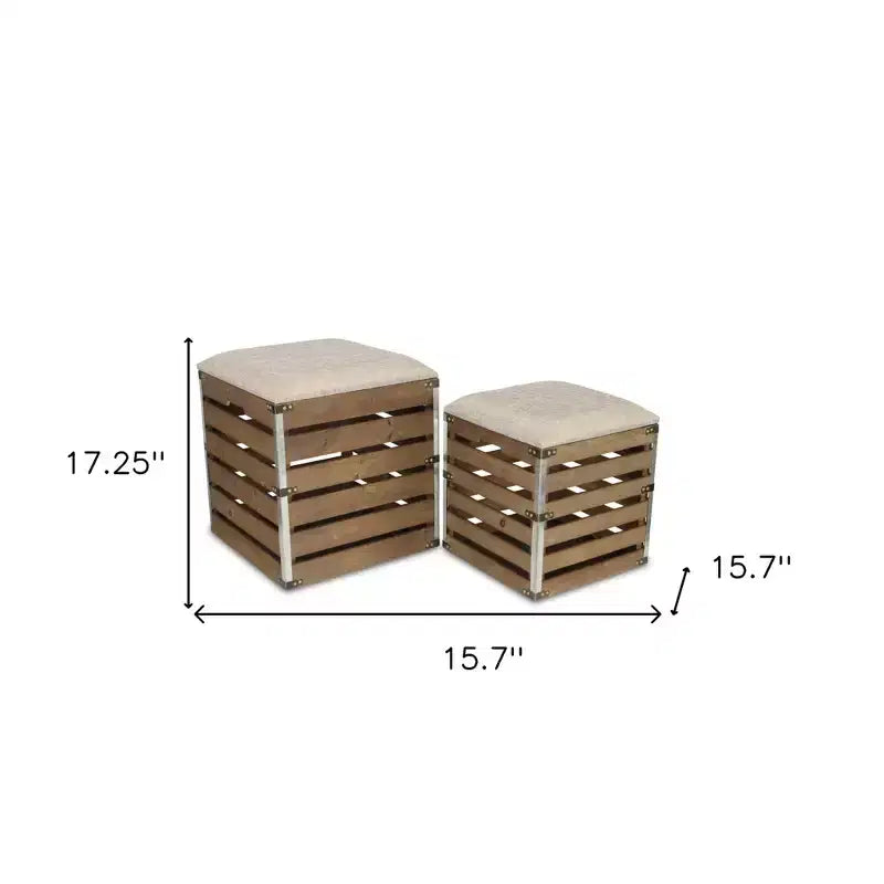 HomeRoots lot de 2 bancs de rangement carrés en tissu de lin marron et lattes de bois