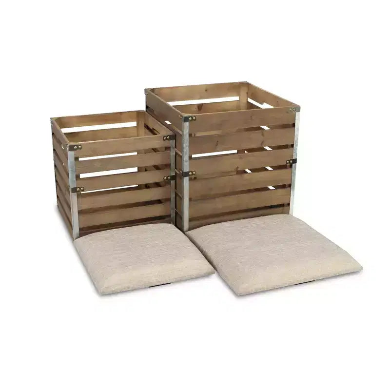 HomeRoots lot de 2 bancs de rangement carrés en tissu de lin marron et lattes de bois