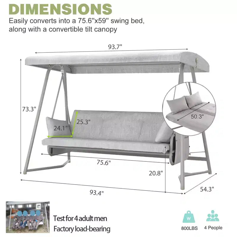 Whisen Balancelle de patio 3 places 93,8 po L en métal, lit balançoire avec coussin et auvent réglable