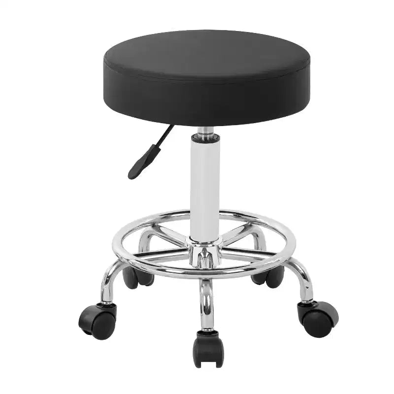 Tabouret roulant rond BestMassage, tabouret de salon avec repose-pieds, coussin en cuir PU, noir