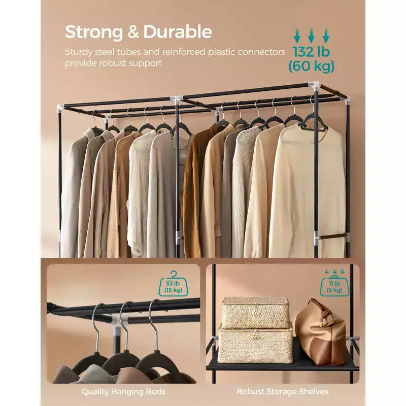 Armoire-penderie portable avec étagère à chaussures et housse, organiseur de rangement de placard, étagères et 4 poches latérales, 50 x 17.7 x 69.3 pouces